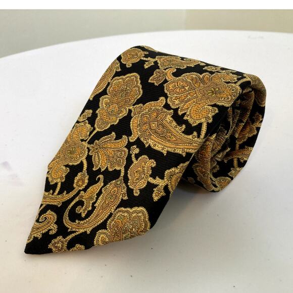 Vintage Robert Talbott Necktie Paisley 100% Silk Hand Sewn Black Gold Orange - Picture 1 of 7